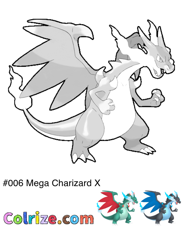 Pokemon Mega Charizard X coloring page + Shiny Mega Charizard X coloring page