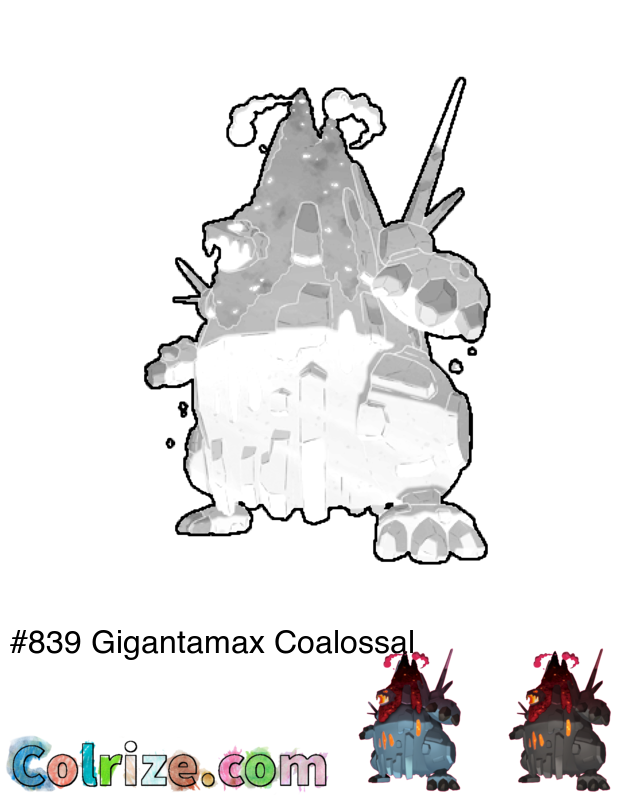 Pokemon Gigantamax Coalossal coloring page + Shiny Gigantamax Coalossal coloring page