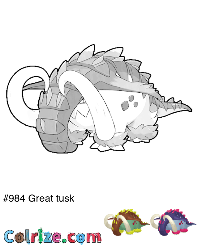 Pokemon Great tusk coloring page + Shiny Great tusk coloring page