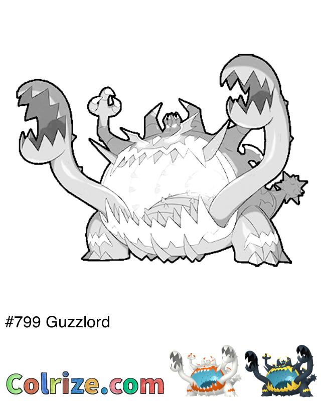 Pokemon Guzzlord coloring page + Shiny Guzzlord coloring page