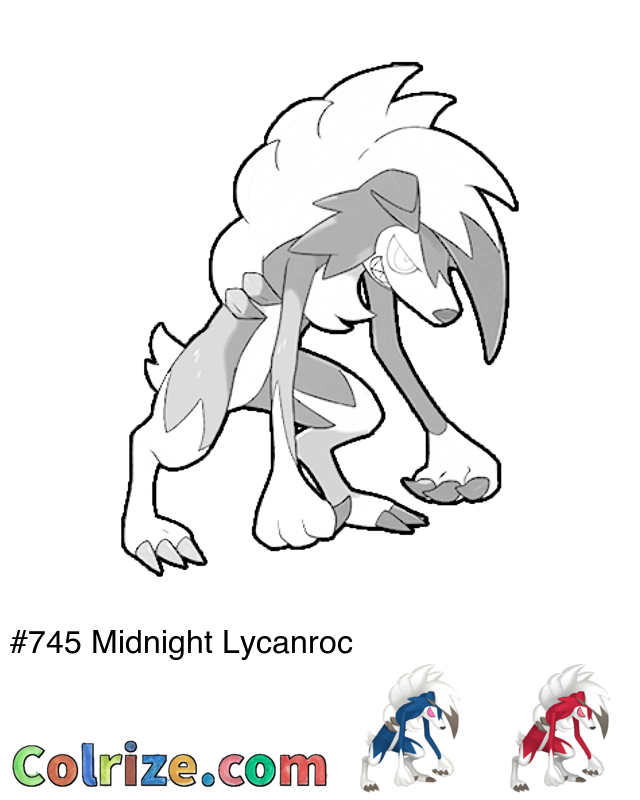 Pokemon Midnight Lycanroc coloring page + Shiny Midnight Lycanroc coloring page