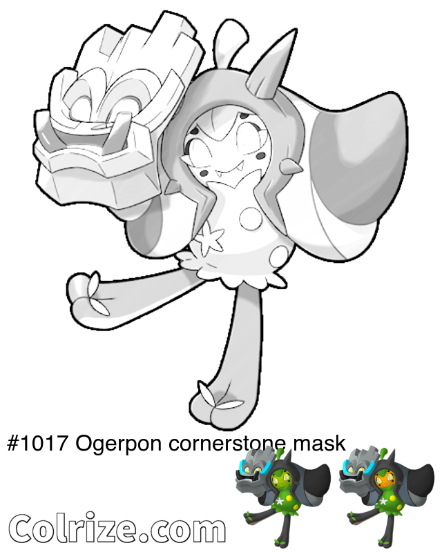 Pokemon Ogerpon cornerstone mask coloring page + Shiny Ogerpon cornerstone mask coloring page