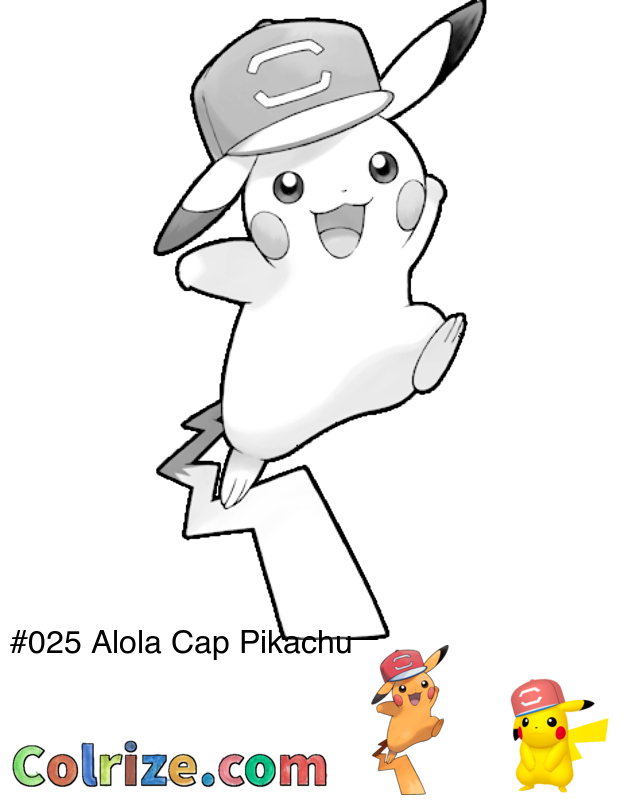 Pokemon Alola Cap Pikachu coloring page + Shiny Alola Cap Pikachu coloring page
