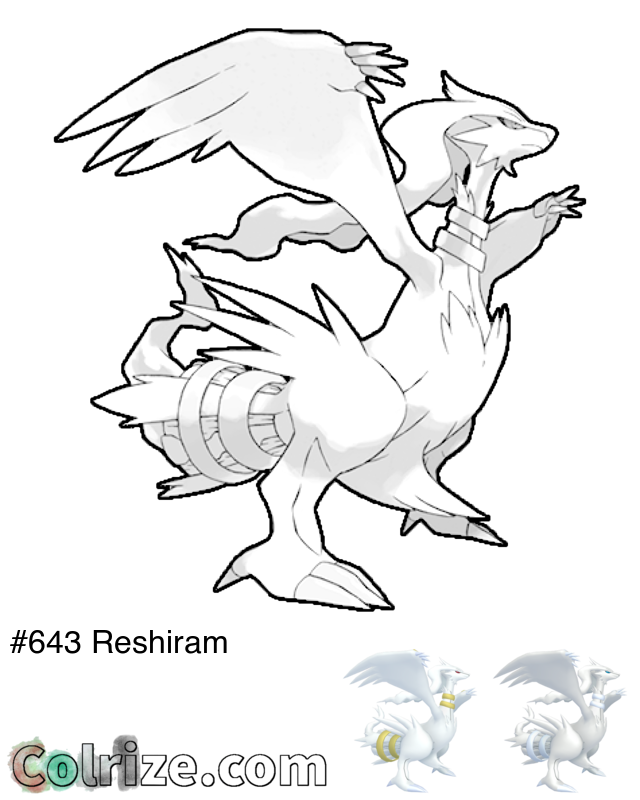 Pokemon Reshiram coloring page + Shiny Reshiram coloring page