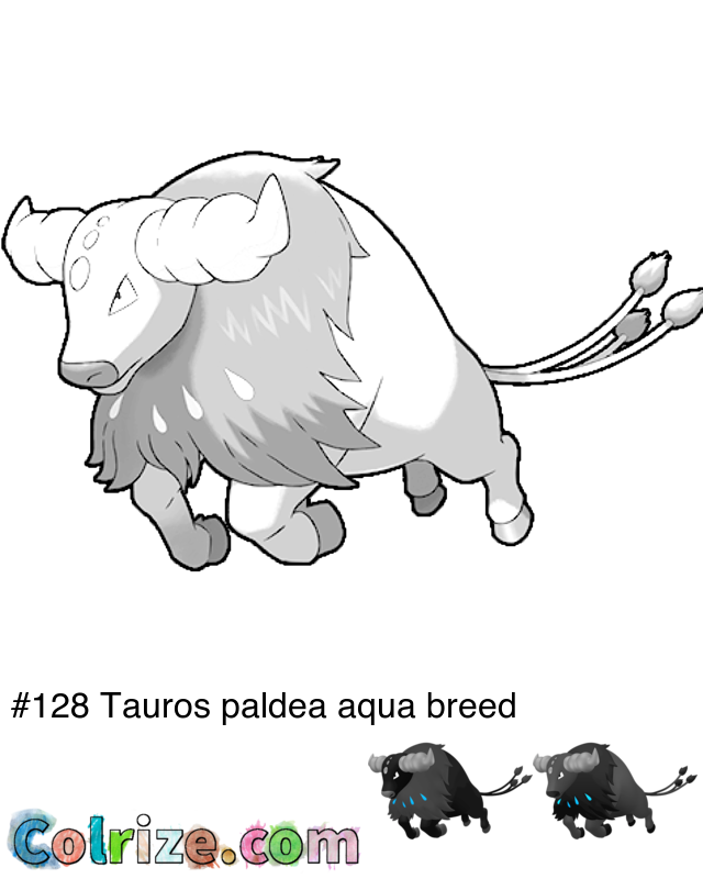 Pokemon Tauros paldea aqua breed coloring page + Shiny Tauros paldea aqua breed coloring page