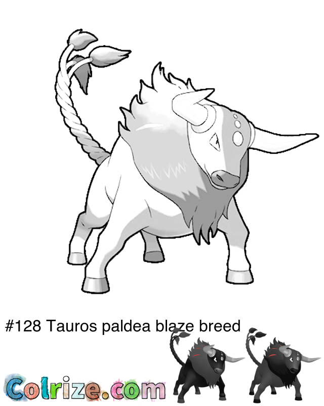 Pokemon Tauros paldea blaze breed coloring page + Shiny Tauros paldea blaze breed coloring page