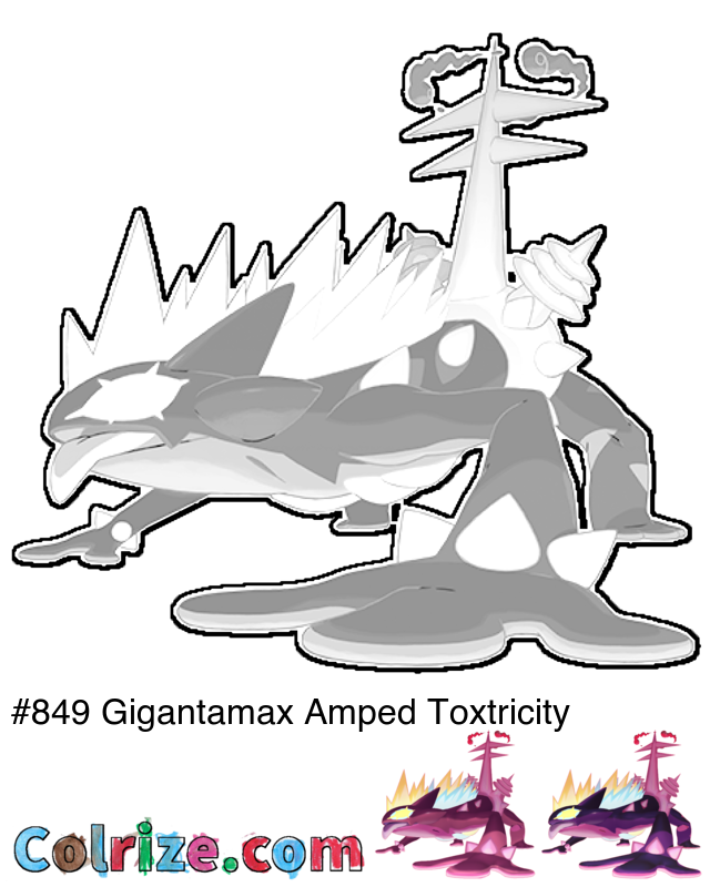 Pokemon Gigantamax Amped Toxtricity coloring page + Shiny Gigantamax Amped Toxtricity coloring page