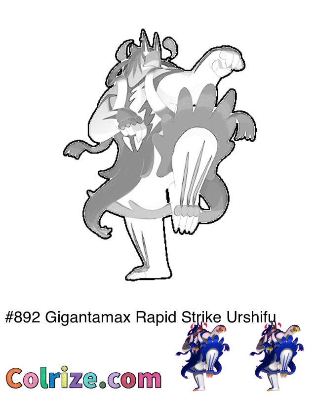 Pokemon Gigantamax Rapid Strike Urshifu coloring page + Shiny Gigantamax Rapid Strike Urshifu coloring page